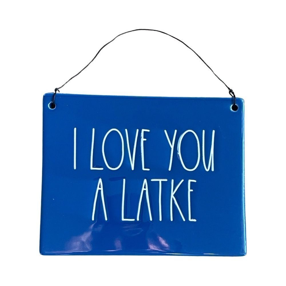 Rae Dunn Hanukkah Inspired  (Love You A Latke) Blue & White Ceramic Sign NWOT